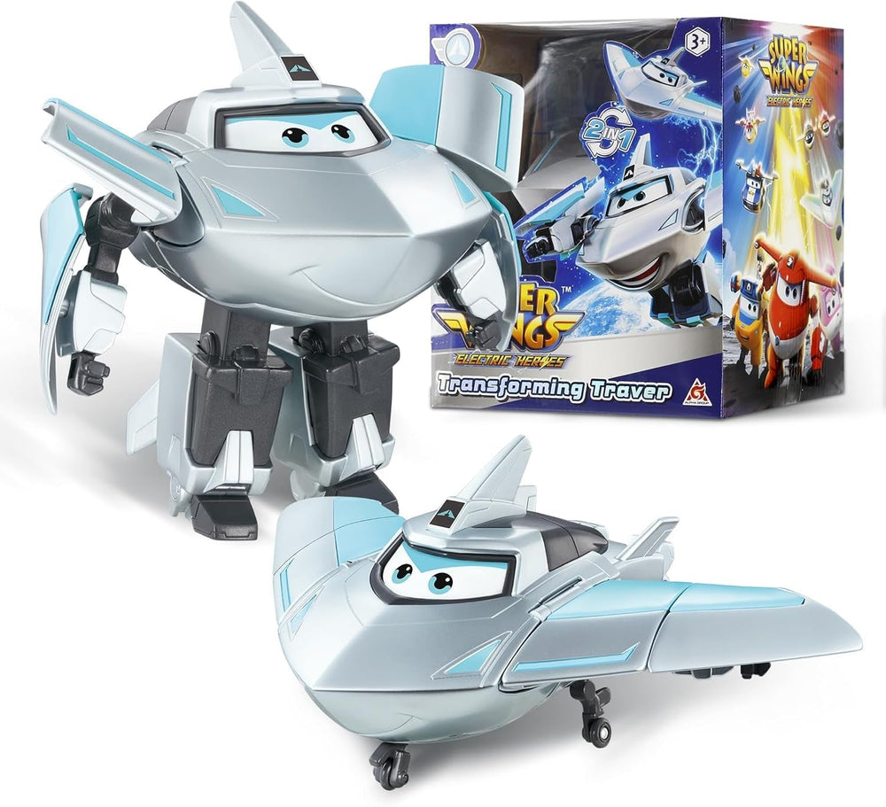 Avión de transformación Super Wings Traver sobrealimentado, aprox. Figura de juego para niños grande de 12,7 cm Figura de avión y robot de juguete para niños y niñas mayores de 3 años Figuras de acción plateadas Naty Shop Traver