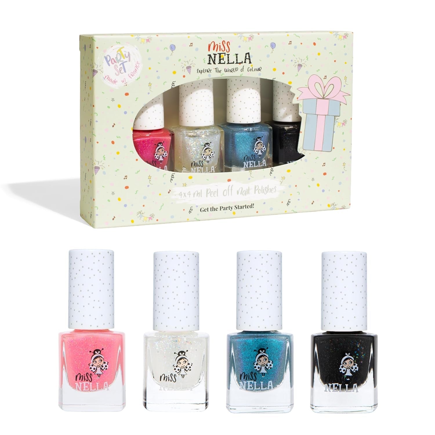 Miss Nella Magic Collection Juego de 4 esmaltes de uñas con purpurina: rosa, rojo, dorado y azul, esmalte de uñas extraíble especial para niños, no tóxico, a base de agua, inodoro