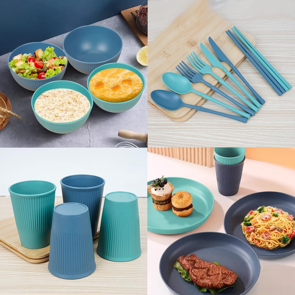 Set de veselă de camping cu 53 de piese pentru 4 persoane, veselă de camping indestructibilă pentru 4 persoane, set de veselă din plastic ușor cu geantă de transport, farfurii și boluri stivuibile, veselă de picnic pentru grătar și grădină