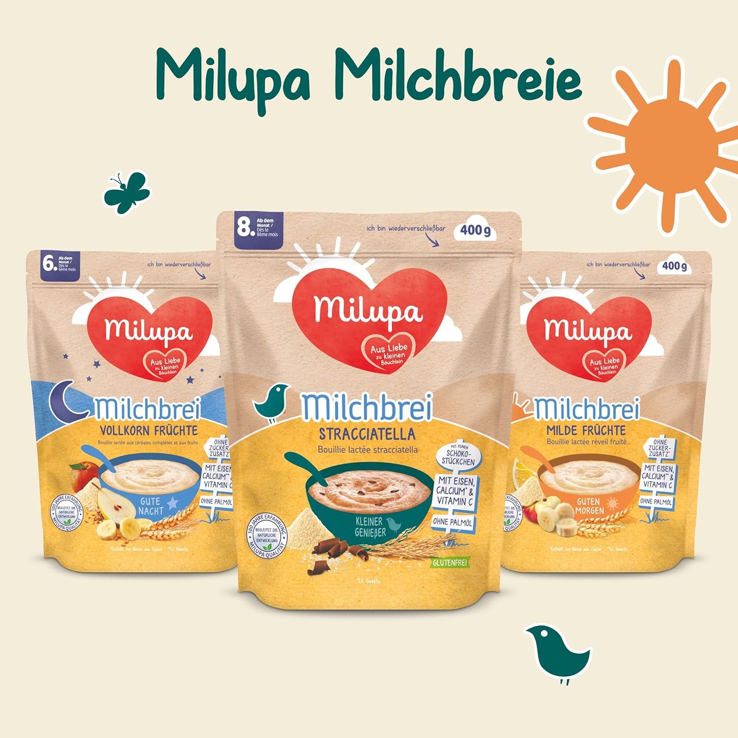 Papilla de Leche Milupa Stracciatella - Cereal para bebés sin gluten y sin aceite de palma - Sin conservantes ni colorantes - A partir de 8 meses - 4 x 400 g