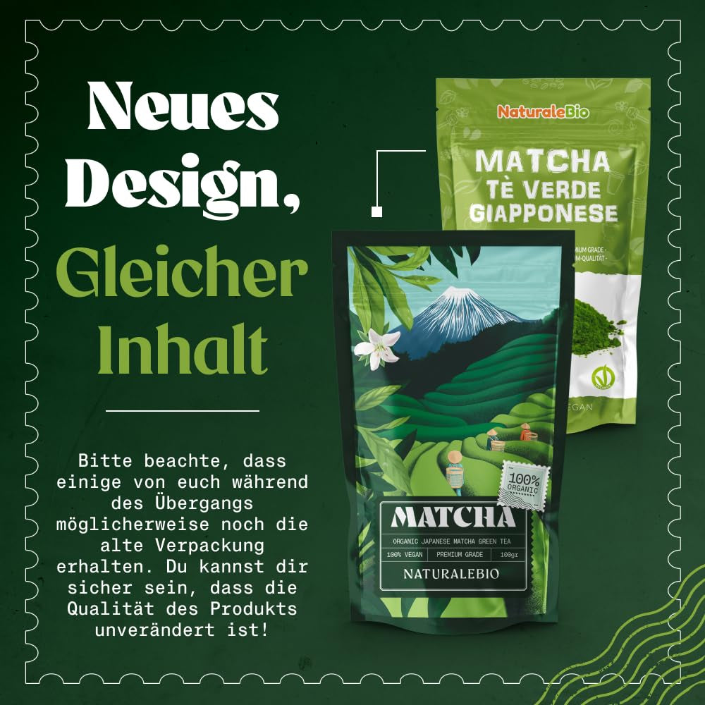 Naturalebio Matcha Ceai pudră bio - Calitate premium - 100G. Ceai verde original din Japonia. Ideal pentru băut. Ceai verde pentru latte, smoothie-uri. Produs în Uji, Kyoto.