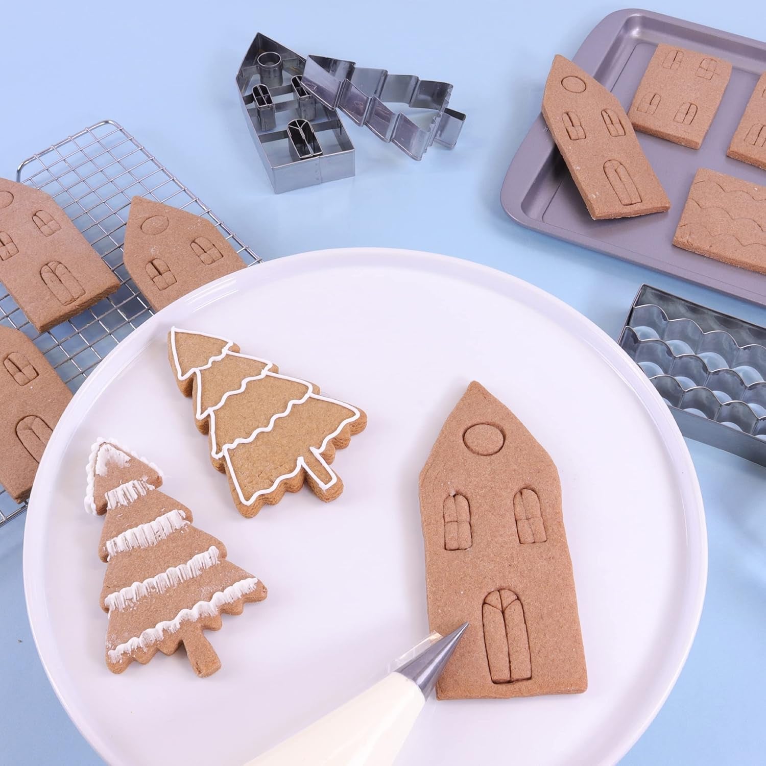 Set de forme pentru biscuiți cu căsuță de turtă dulce de Crăciun, argintii