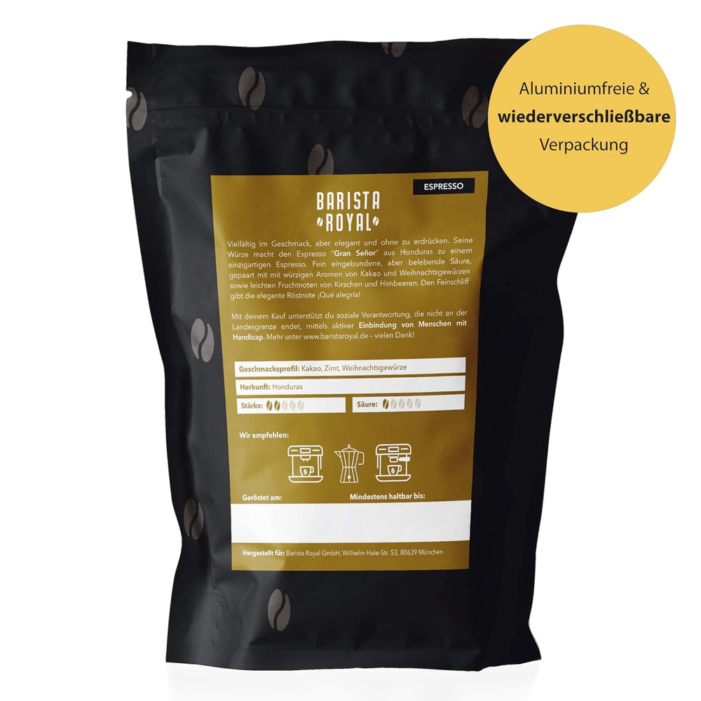 BARISTA ROYAL Bio Espressobohnen 1kg "Gran Señor" | Frische Kaffeebohnen direkt aus Honduras | 100% Arabica Espresso ganze Bohnen | Ideal für Vollautomat und Siebträger