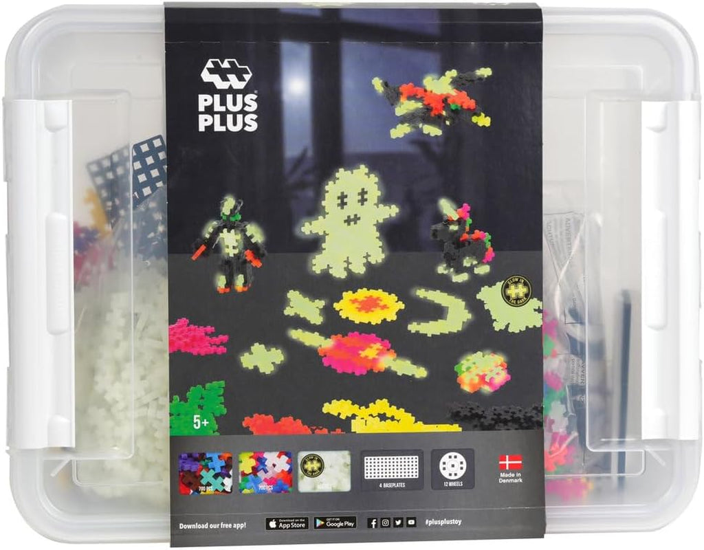 Plus-Plus 9603919 Geniales Konstruktionsspielzeug, Basic XXL Mega-Set, Glow in The Dark, Kreativ-Bausteine, 2000 Teile, Ab 5 Jahren