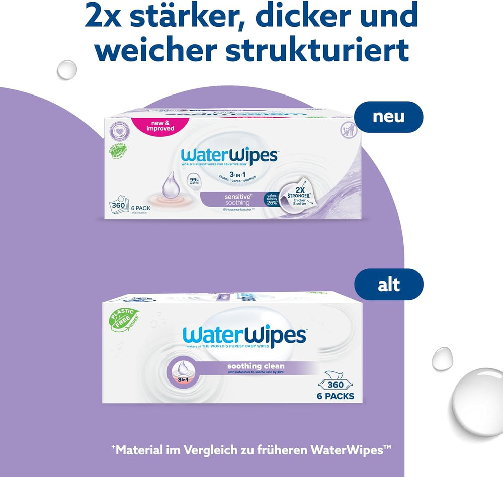WaterWipes Sensitive+ Soothing Clean 360 piezas (paquete de 6) 3 en 1 limpieza, cuidado y calmante 99% agua con extracto de plantas toallitas para bebés sin perfume