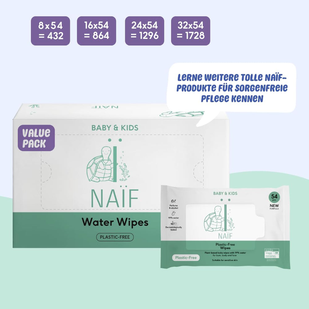 Naïf Toallitas Bebé Sin Plástico 432 Piezas (8 Pack x 54 Toallitas) - Cuidado del Culito, Cuerpo y Rostro del Bebé - 99% Agua - 0% Fragancia y Alcohol - Caja de Toallitas Húmedas Sostenibles, Eucalipto Sensible