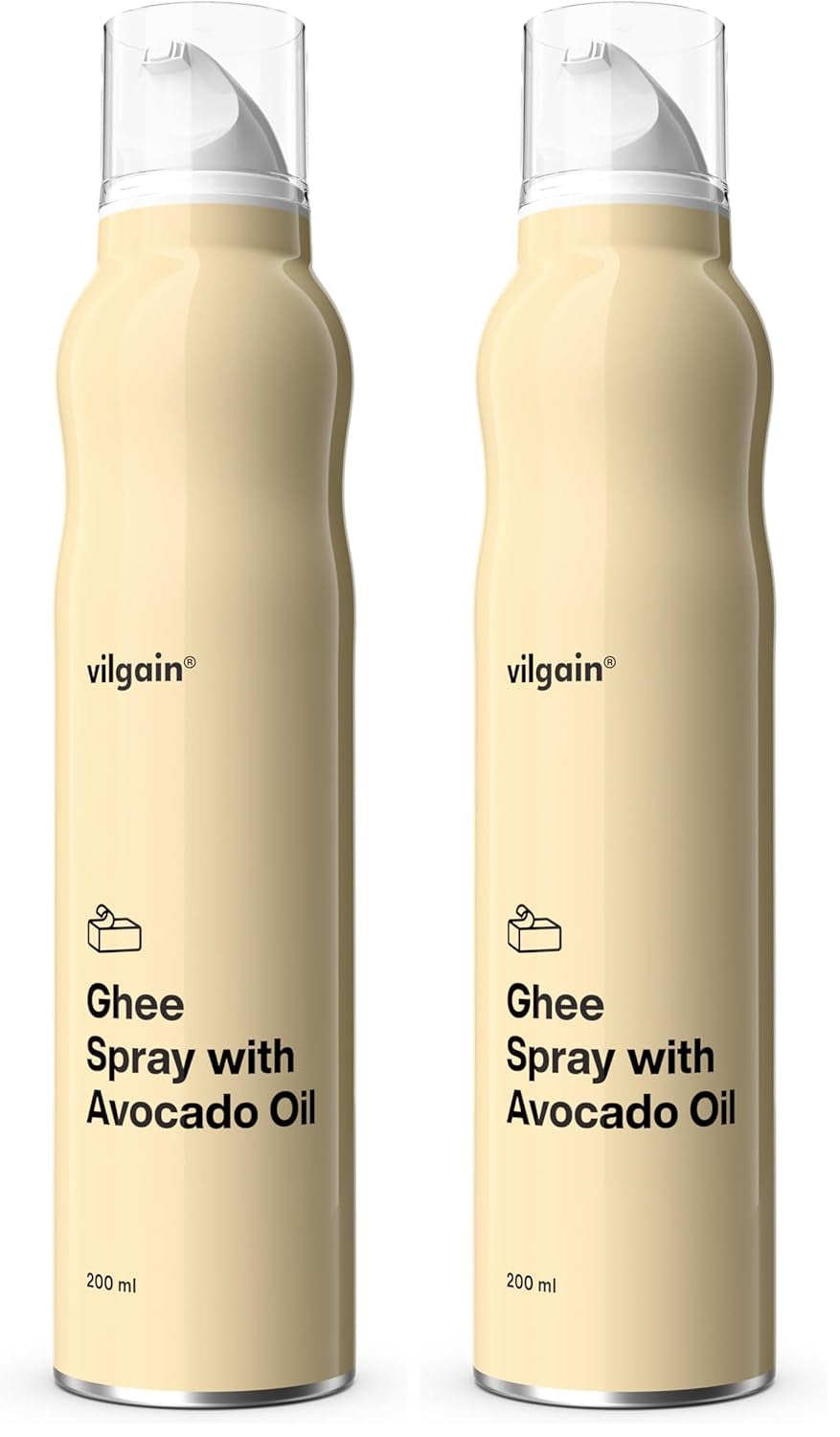Vilgain Ghee Spray con aceite de aguacate | Sin lactosa, zum Kochen & Backen | Rauchpunkt 195°C, herzgesund, certificado BRC | Ideal para personas sensibles a la lactosa Geschmacks-Harmonie, 200ml