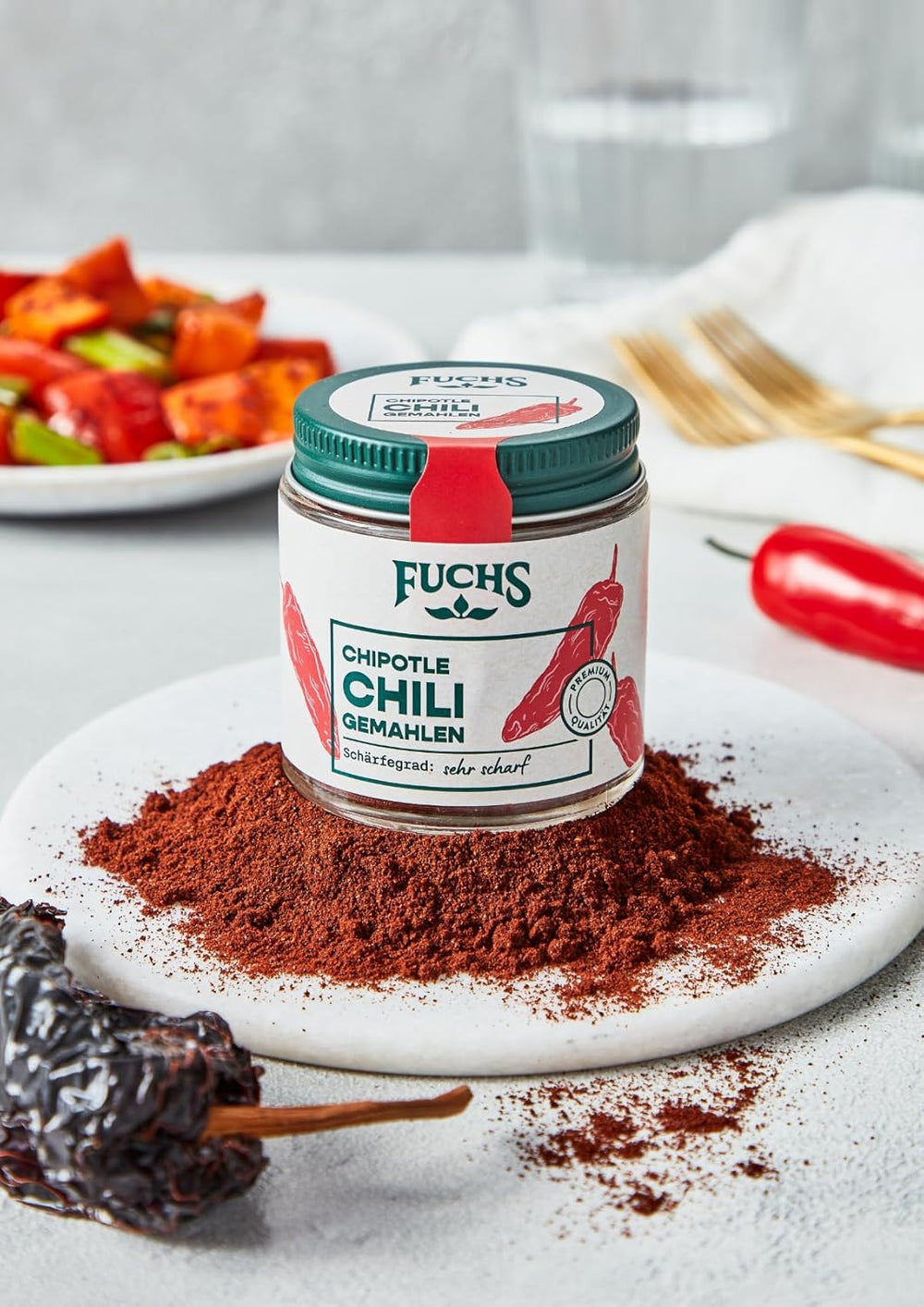 Fuchs Gewürze - Chipotle Chili gemahlen | Chilipulver Rauchiges | Chile en polvo en calidad Premium 50 g im wiederverschließbaren Gewürzglas