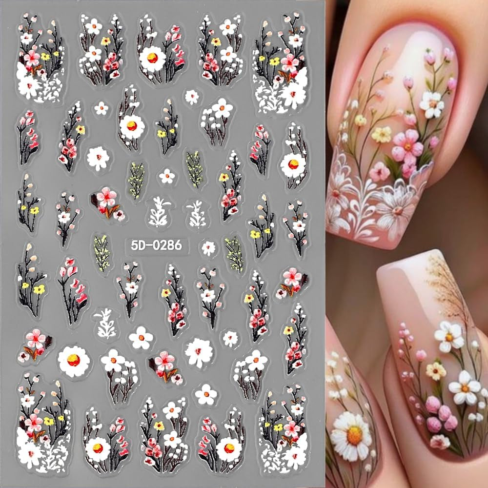 Autocolante pentru unghii cu flori de prun, autocolante pentru unghii cu flori albe și roz, autocolante pentru unghii cu flori în relief, autocolante pentru unghii cu flori de primăvară și vară, design pentru unghii, accesorii pentru unghii, nail art