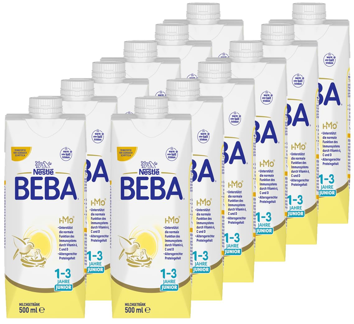 BEBA Bebida de leche lista para beber para niños de 1 a 3 años, con HMO, contenido de proteínas apropiado para la edad, sin aceite de palma, sin aceite de pescado, comida para niños pequeños, paquete de 12 (12 x 500 ml)