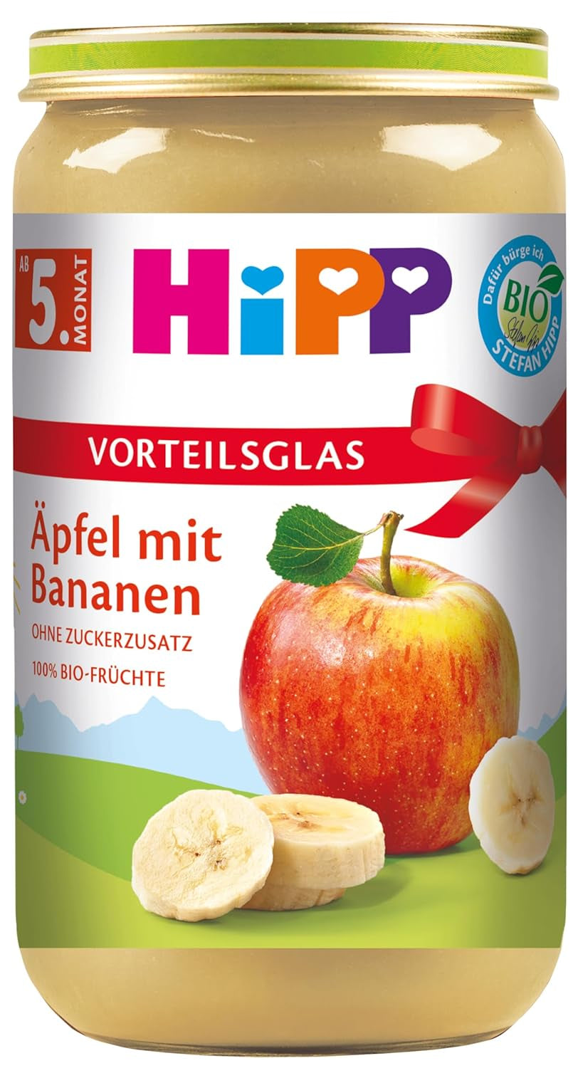 Manzanas con plátano y fruta ecológica HiPP (6 x 250 g), a partir de 5 meses, sin azúcares añadidos, 100% fruta, la mejor calidad ecológica