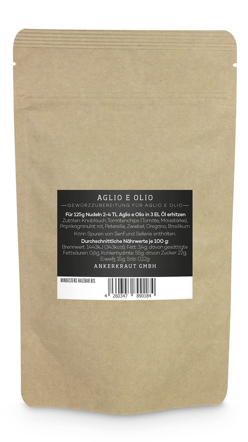 Ankerkraut Aglio e Olio, Gewürzmischung italiano para pasta y espaguetis-fideos clásicos, 120 g en bolsa aromática