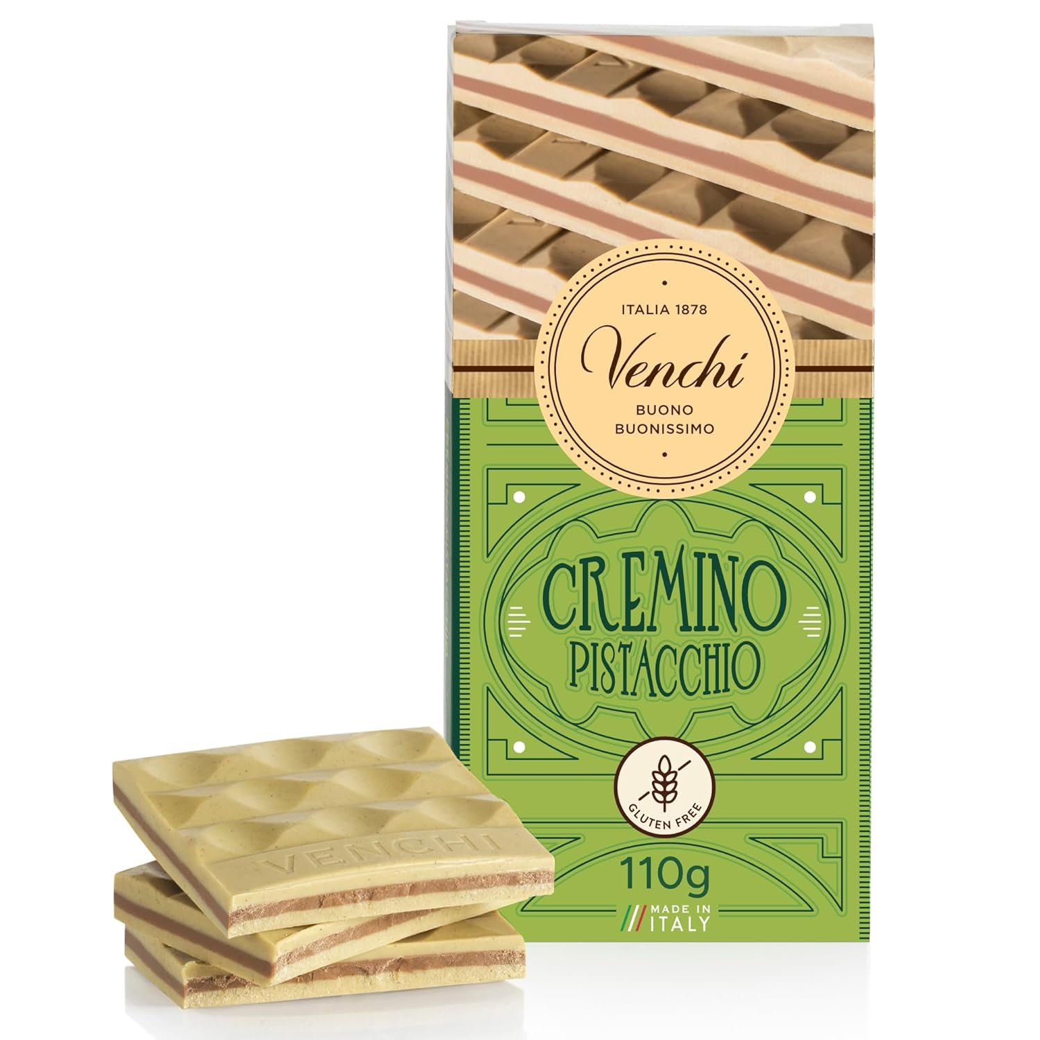 Venchi - Cremino Pistachio Bar, 110g, barra de chocolate blanco y con leche con pasta de pistacho, receta de tres capas con sabores mediterráneos, sin gluten, sin colorantes artificiales