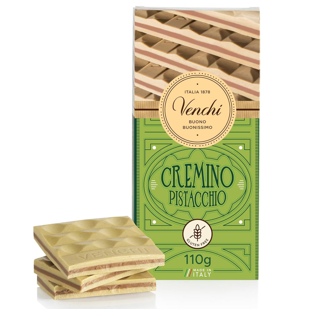 Venchi - Cremino Pistachio Bar, 110g, barra de chocolate blanco y con leche con pasta de pistacho, receta de tres capas con sabores mediterráneos, sin gluten, sin colorantes artificiales