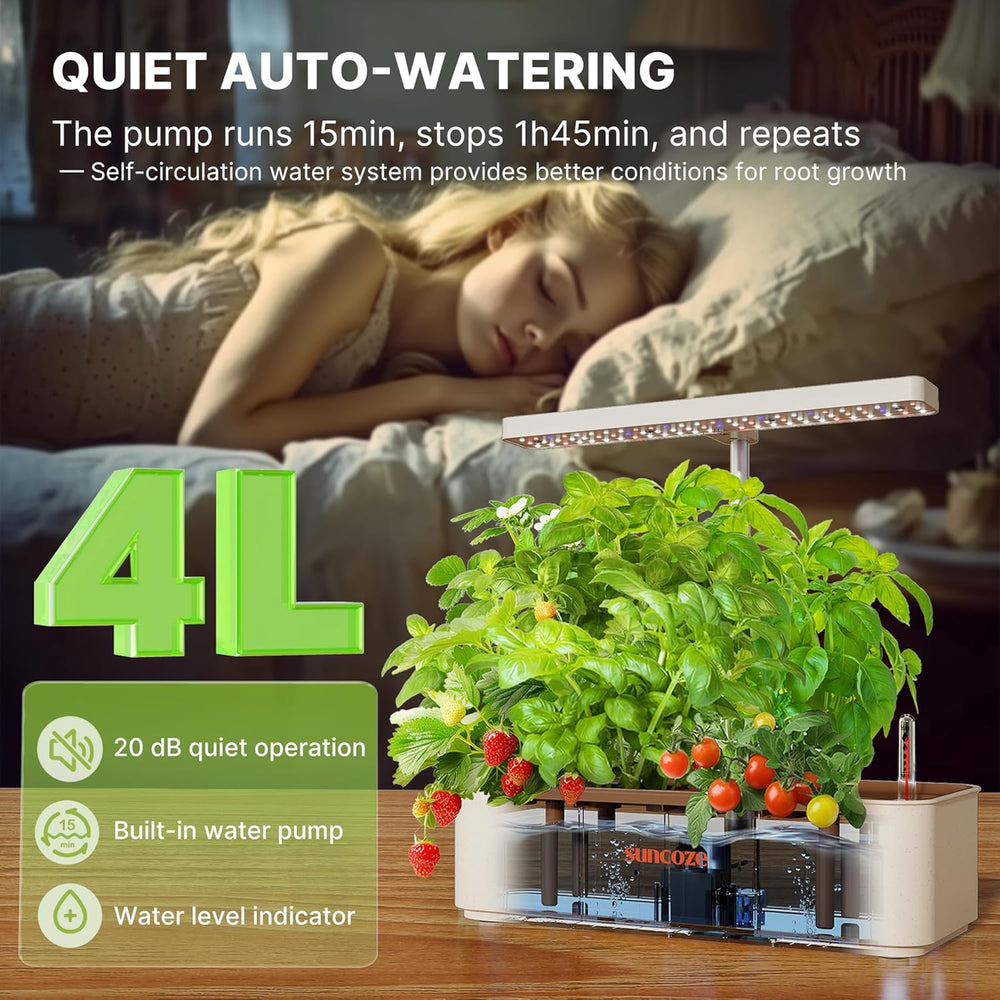 Kit de sistema de cultivo hidropónico de 12 cápsulas, lámpara LED de jardín interior de 24 W, tanque de agua de 4 L con bomba silenciosa, macetero de hierbas de altura ajustable, kit de jardinería interior, regalos de jardinería, color beige