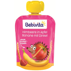 Sobres exprimibles de fruta, frambuesa, manzana, plátano y espelta - 16 piezas (paquete de 4, 4 x 90 g cada uno), sin azúcares añadidos, elaborados a base de frutos rojos y cereales saludables, ideales para snacks para llevar y autoconsumo