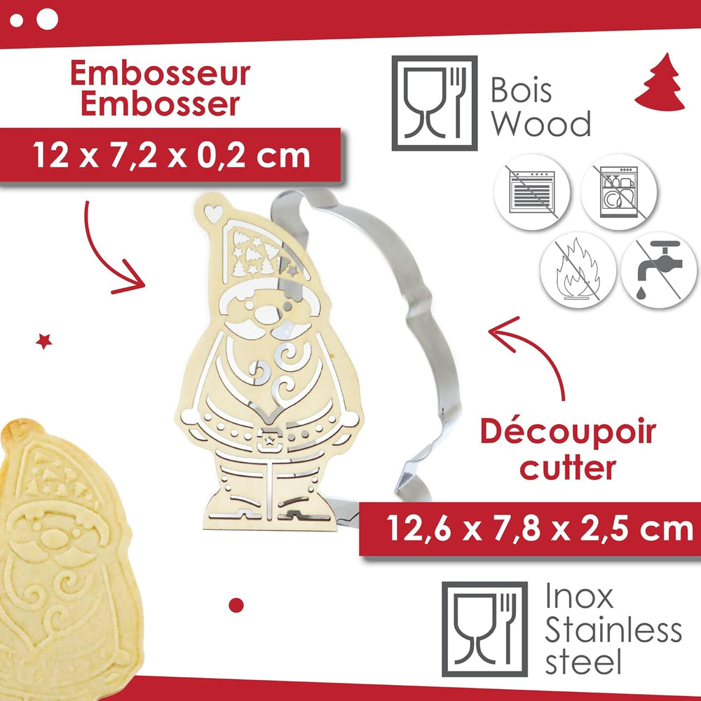 ScrapCooking – Set de tăiat fursecuri din lemn și embossare cu Moș Crăciun – Formă de tăiat fursecuri de Crăciun din oțel inoxidabil pentru fursecuri în relief – Accesorii de copt – Idee de cadou de Crăciun în bucătărie – 2079