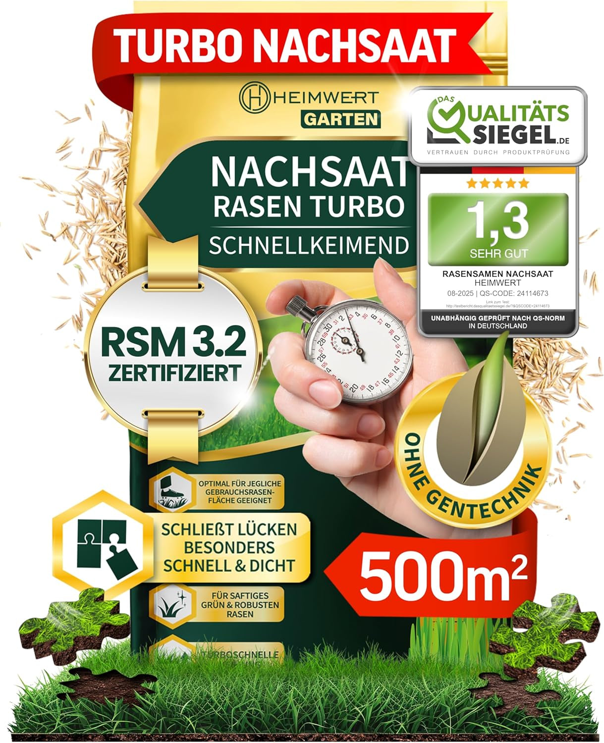 Rasensamen Schnellkeimend Turbo Nachsaat Grassamen Schnellkeimend Nach Original RSM 3.2 Empfehlung Aus Hochwertigster Gräser Mischung - 1Kg Sport Und Spiel Rasen Für 50 M2 - Made in Germany