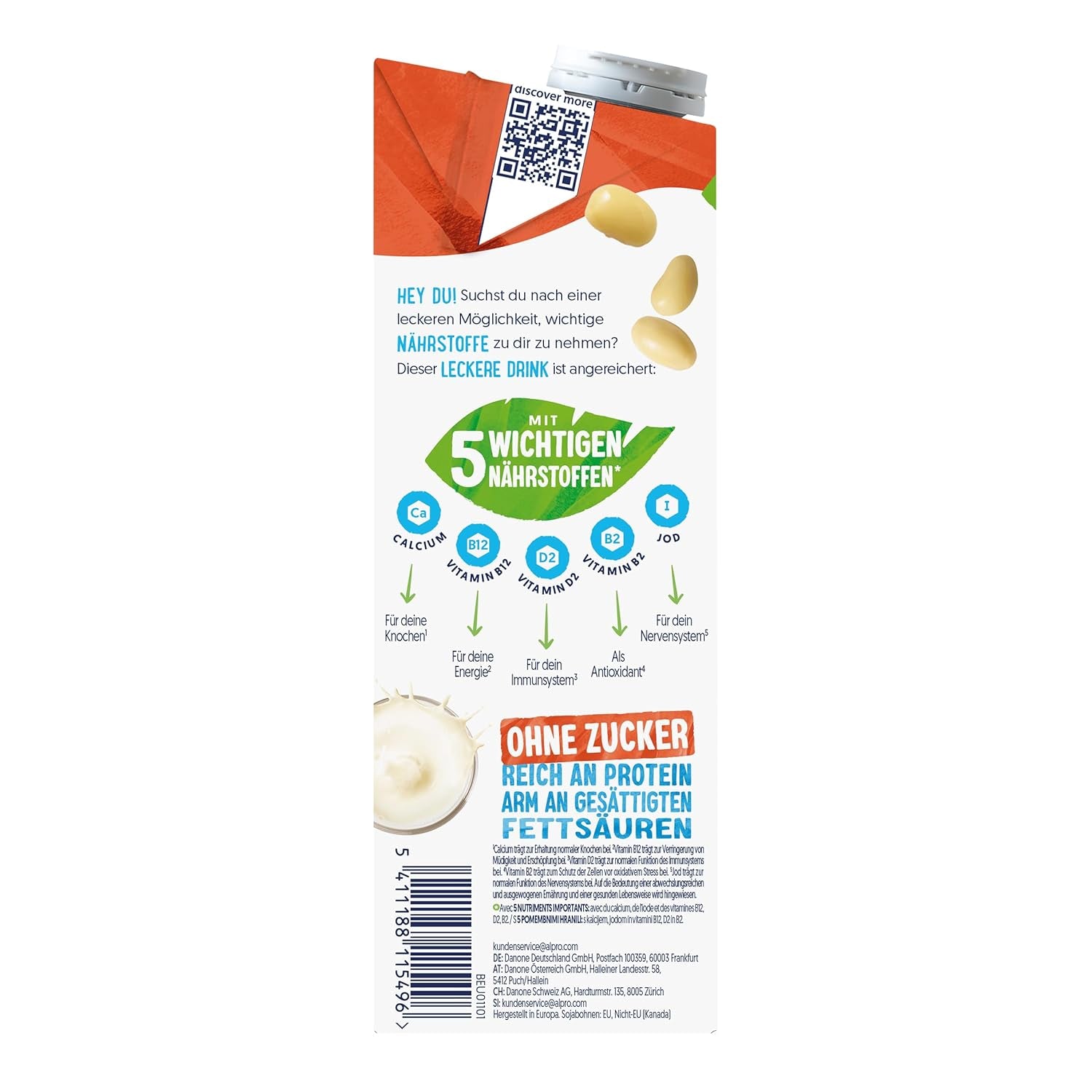 Alpro Sojadrink – Vegan und milchfrei – Von Natur aus laktosefrei und fettarm – Rich an pflanzlichen Proteinen, inhalt Calcium and Vitamine – 8 x 1 L – Haltbar