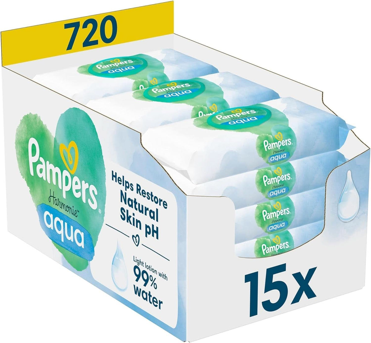 Pampers Harmonie Aqua toallitas húmedas, toallitas húmedas que ayudan a restaurar el valor del pH natural de la piel, loción ligera con 99% de agua Baby Wet Wipes Naty Shop 720 toallitas