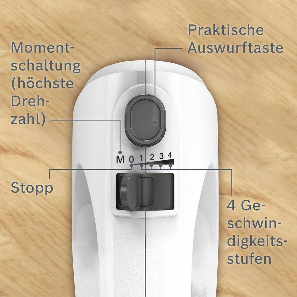 Bosch Hausgeräte Handrührer Clevermixx MFQ24200, 2 Rührbesen, 2 Spülmaschinengeeignet, 4 Stufen, Leicht, Leise, 400 W Weiß/Edelstahl Cocina Naty Shop