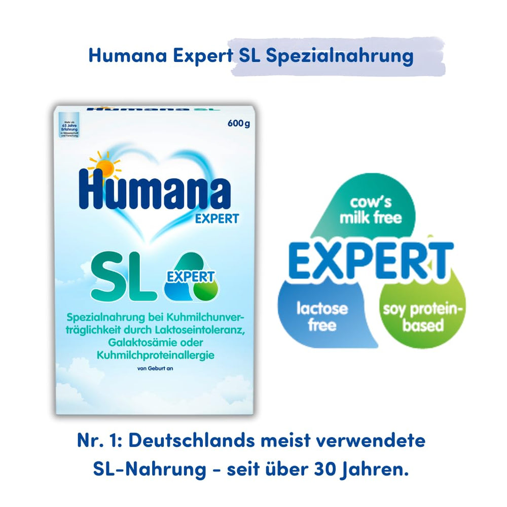 Humana SL Expert, desde el nacimiento, fórmula especial para la intolerancia a la leche de vaca causada por intolerancia a la lactosa, galactosemia o alergia a las proteínas de la leche de vaca, para bebés y niños pequeños, 600g