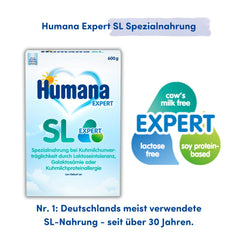 Humana SL Expert, desde el nacimiento, fórmula especial para la intolerancia a la leche de vaca causada por intolerancia a la lactosa, galactosemia o alergia a las proteínas de la leche de vaca, para bebés y niños pequeños, 600g