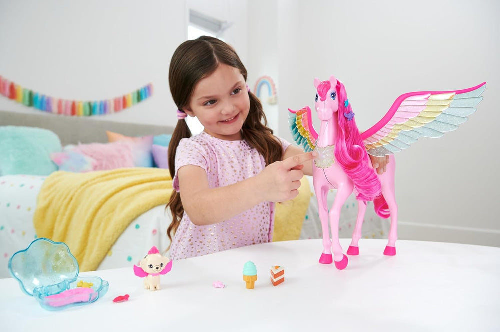 Barbie A Hidden Magic Pegaso - Juguete interactivo con luces y sonidos, 10 accesorios, alas de arcoíris, para niños a partir de 3 años, HLC41 Naty Shop Muñecas