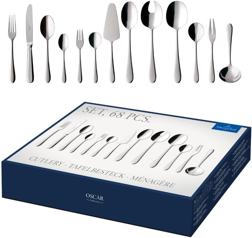 Villeroy & Boch – Oscar Tafelbesteck 24 Teilig 6 Personen, Spülmaschinenfest, Rostfrei, Besteck Set, Essbesteck, Messer Gabel Löffel Set, Cutlery Set, Besteckset Edelstahl, Edelstahl Bucatarie Naty Shop Single 68Tlg.