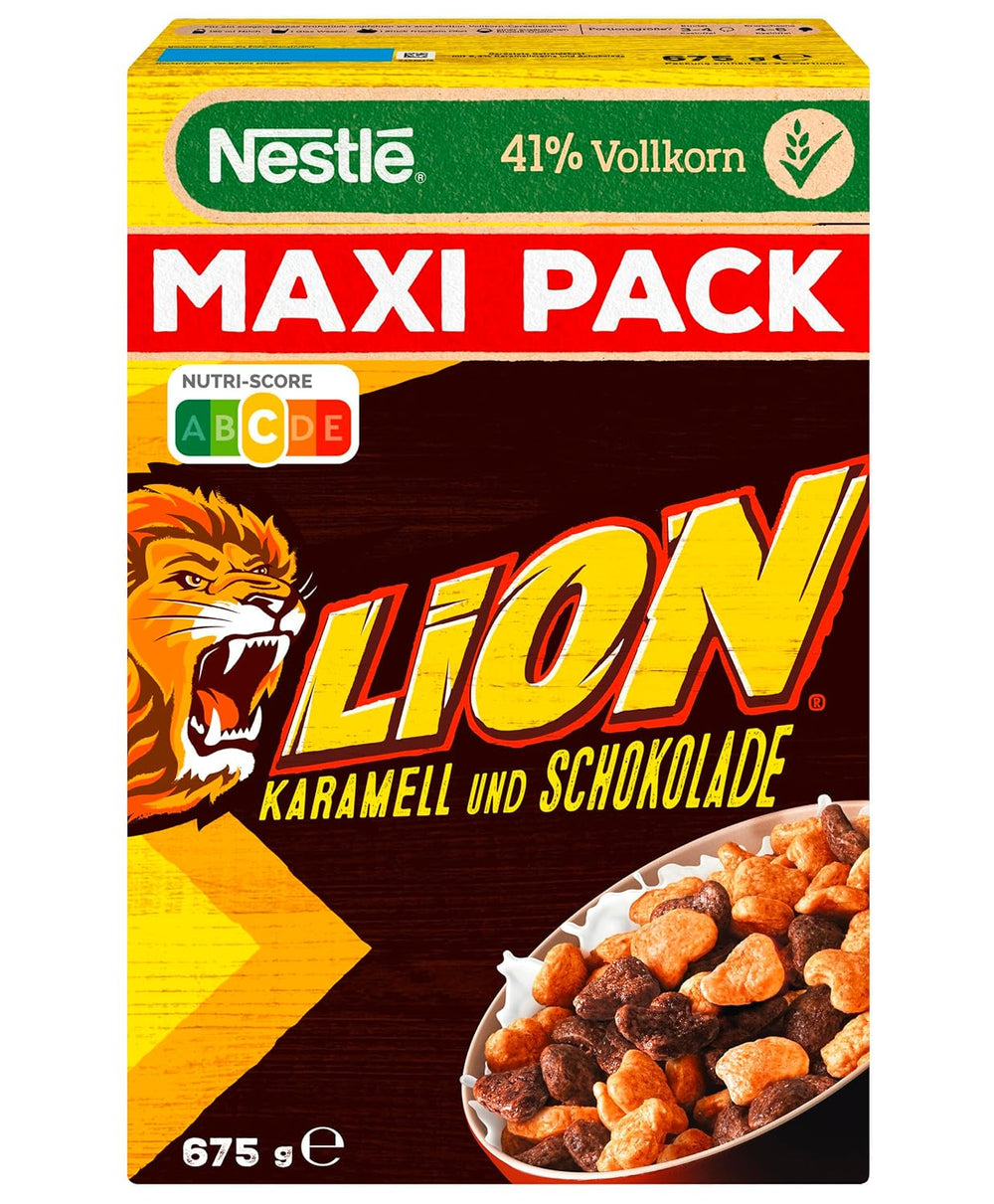 Cereal Nestlé Lion, copos de maíz con sabor a chocolate y caramelo, 41 % de cereales integrales vitales, vitaminas y minerales, copos crujientes, paquete económico máximo, paquete de 4 (4 x 675 g)