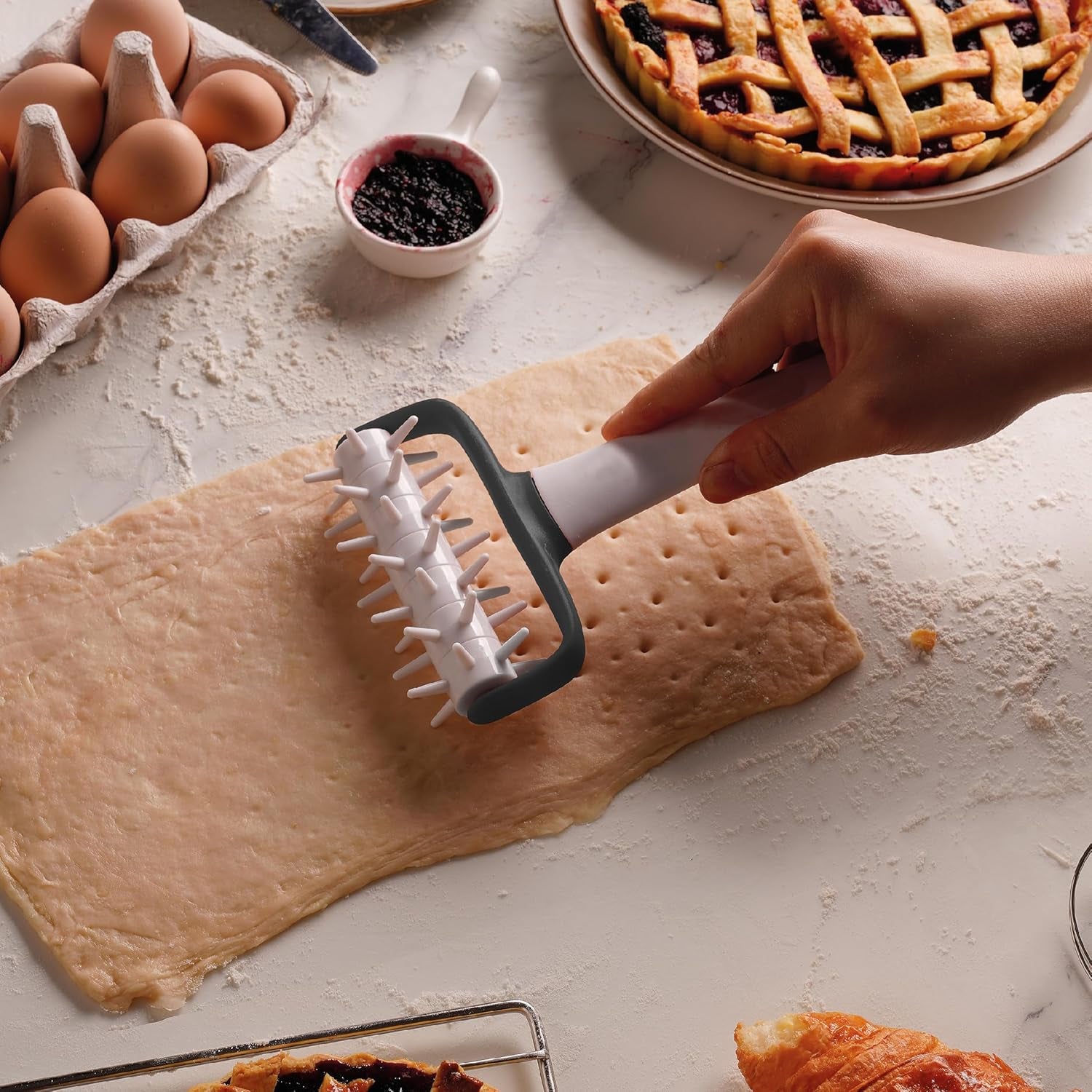 - 68802 - Küchenrollkissen, Tupfwalze, Nudelrolle, Verhindert Blasen im Teig, Ergonomischer Griff, 100% Abnehmbar, Spülmaschinenfest, Polipropileno, Libre de BPA, 12x19,5 cm