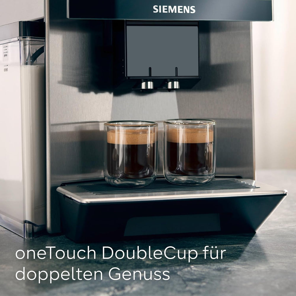 Espressor automat Siemens EQ900, ecran TFT color mare, 2 recipiente pentru boabe, 36 de băuturi calde și reci, cafea rece, super silențios, funcție pentru două cești, control prin aplicație, oțel inoxidabil, TQ907D03