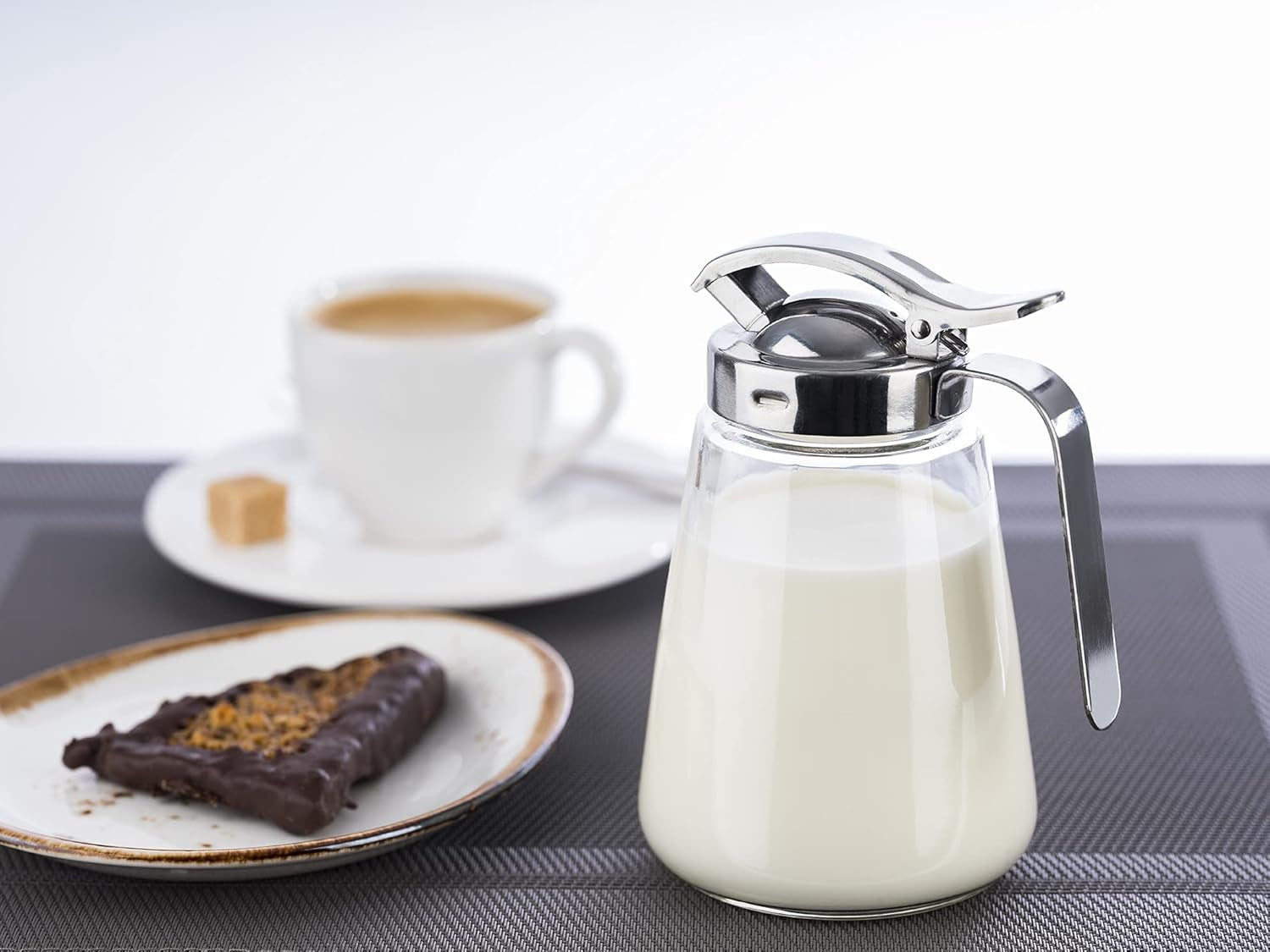 APS 765 Cană universală, cană de turnat din sticlă cu capac filetat din oțel inoxidabil, cană de turnat pentru miere, frișcă de cafea sau alte lichide, 8,5 x 12 cm, 13 cm înălțime