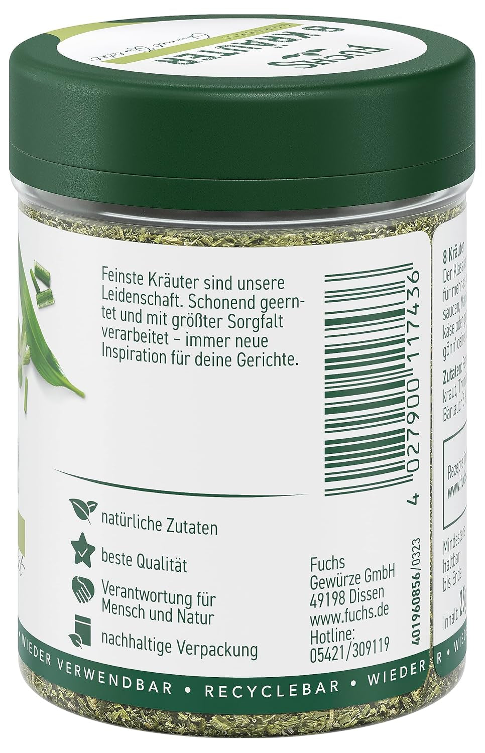 Fuchs Gewürze - 8 Kräuter gerebelt - Kräutermischung für Marinaden, Fischgerichte oder Kräuter-Frischkäse - ingredientes naturales - 25 g en wiederverwendbarer, recyclebarer Dosis