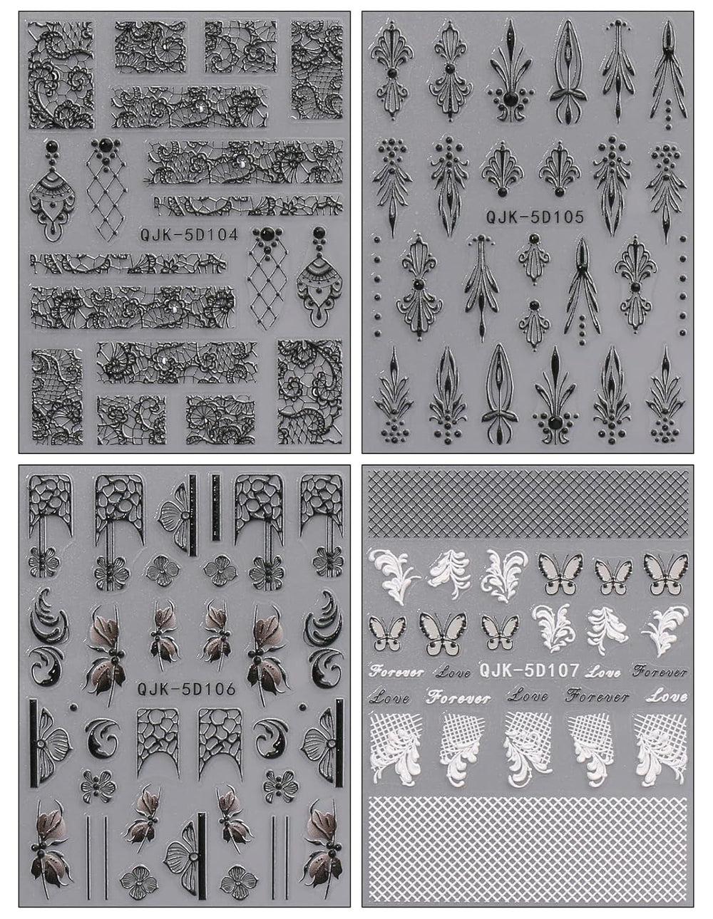 JMEOWIO 3D Nagelsticker Schwarz Weiß Blume Nail Art Sticker Selbstklebend Nagelaufkleber 5D Stereoskopisch Blumen Dekoration Nageldesign Zubehör 4 Blatt