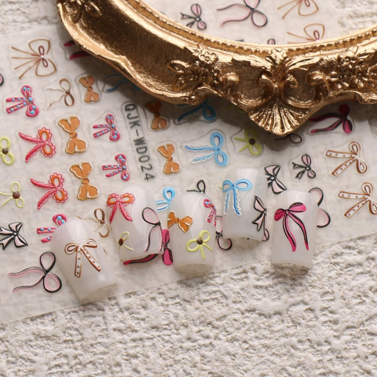 JMEOWIO Nagelsticker Bunte Herz Schleife 6 Blatt Nail Art Sticker Selbstklebend Nagelaufkleber Dekoration Nageldesign Zubehör