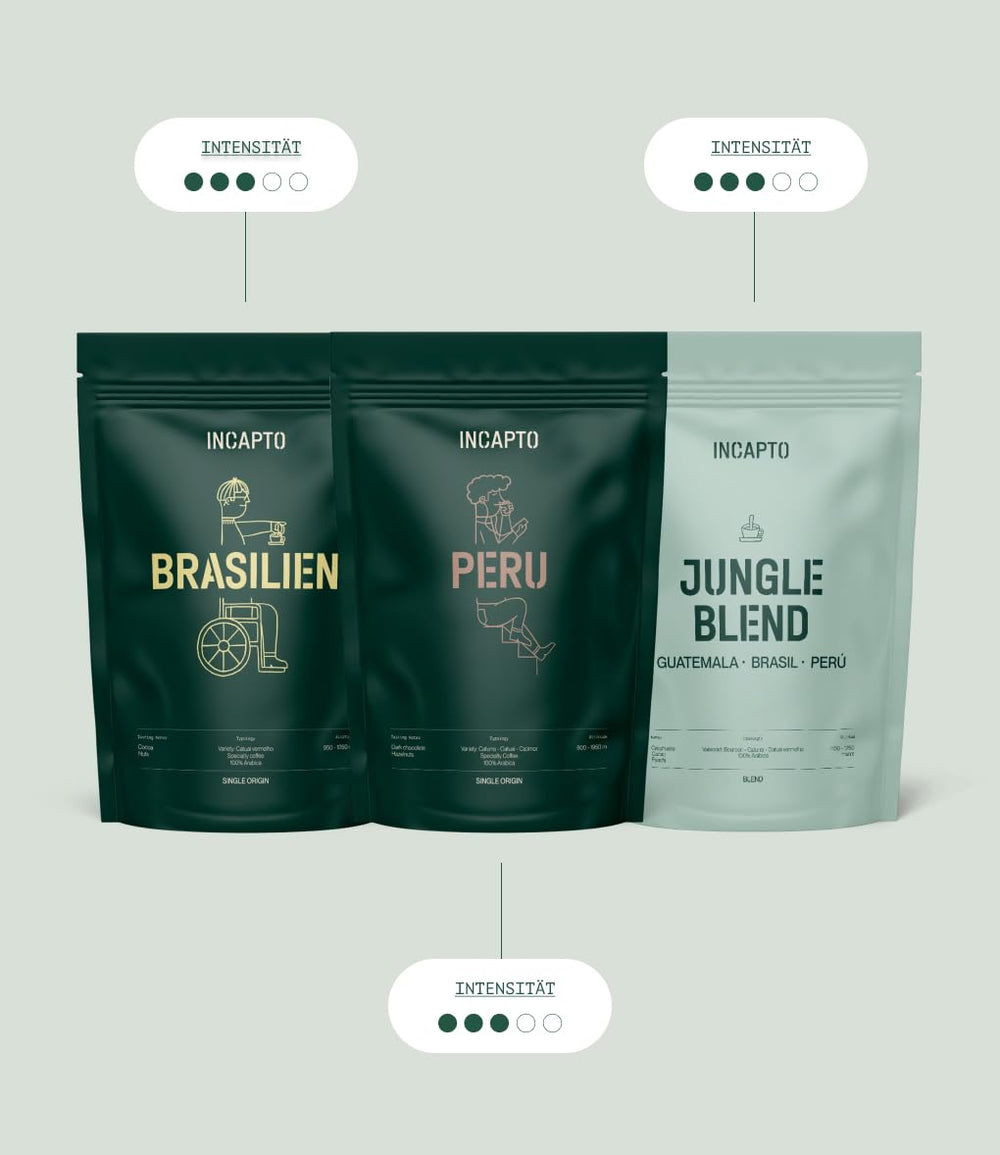 Pachet Special Incapto Cafea cu Lapte | Boabe de Cafea Specială, Naturale | Cafele din Brazilia, Peru și Guatemala | Cafea Specială +80 Puncte SCA | 3 Pachete a câte 500g fiecare