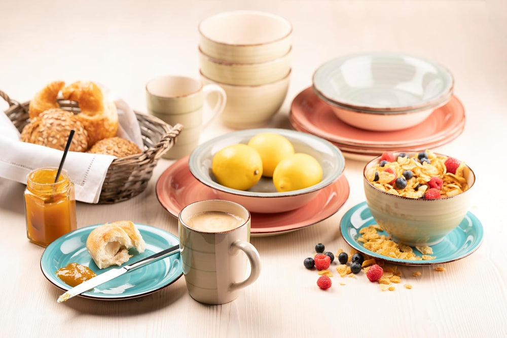 MÄSER 931495 Bel Tempo II, Set de veselă pentru 6 persoane cu aspect vintage modern, Serviciu de masă cu 12 piese, Pictat manual, Roz, Gresie