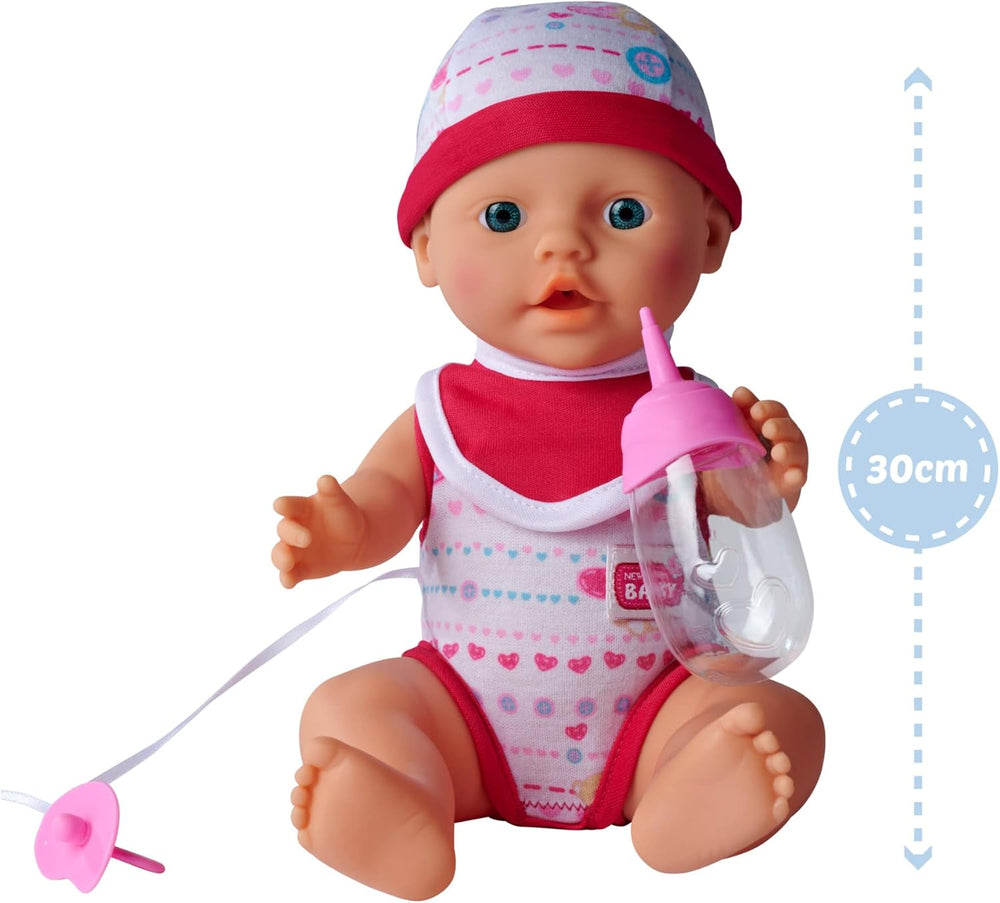 Simba 105037800 - Conjunto para bebé recién nacido, 2 unidades, es un artículo geliefert, vollvinylpuppe mit Trink- und Nässfunktion, chupete, botella, tapa y Lätzchen, 30cm, ab 3 Jahren