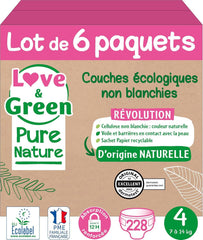 Love Green Nature, pañales ecológicos sin blanquear, sin cloro, varias tallas Madre e Hijo Naty Shop Talla 4, 7 - 14 kg Juego de 6 paquetes, 228 pañales en total