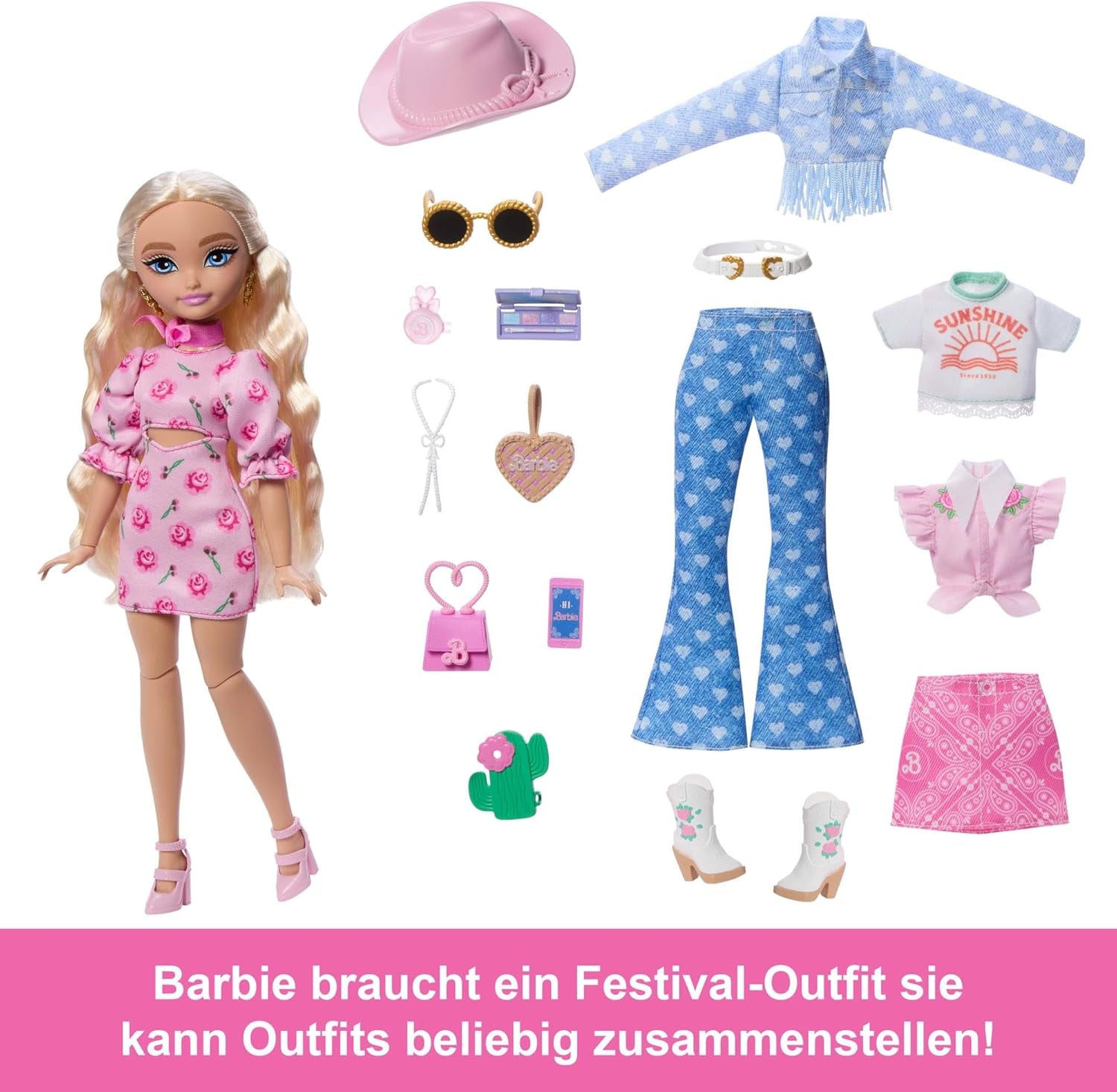 Set Barbie Dream Besties Festival Looks, cu păpușă Barbie Malibu cu păr lung și blond pentru coafare și peste 10 haine și accesorii detașabile, JGH87