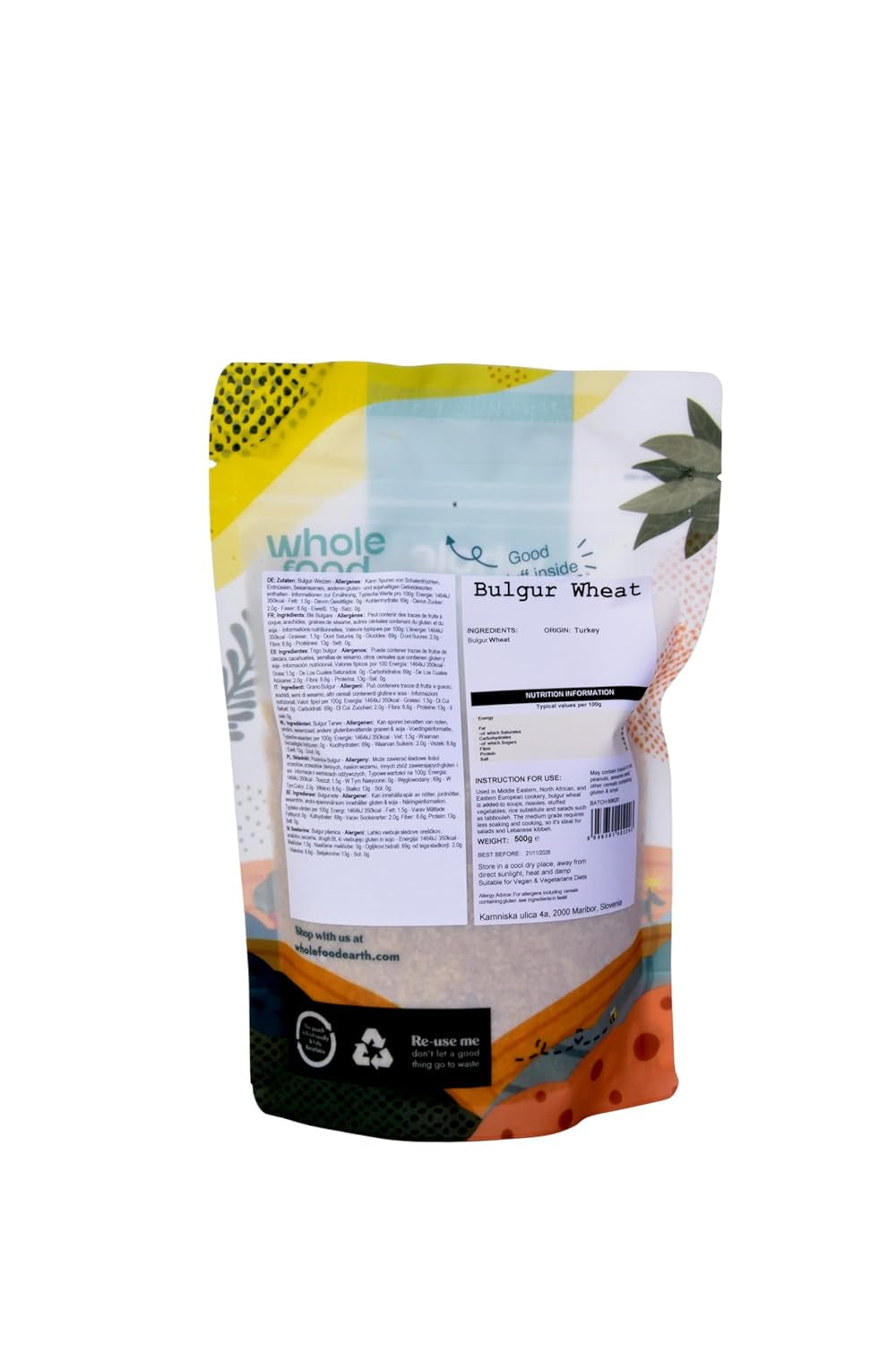 Wholefood Earth trigo bulgur - sin OGM - natural - vegano - sin lácteos - sin azúcar añadido, 500g