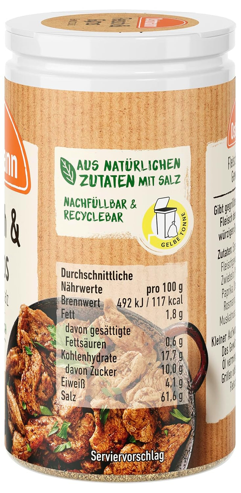 Ostmann Gewürze - Fleisch & Gyros Gewürzsalz | Pikantes Gewürz mit mediterraner Note für ggrilltes und gebratenes Fleisch | Mit praktischem Streuaufsatz | 50 g en un colador