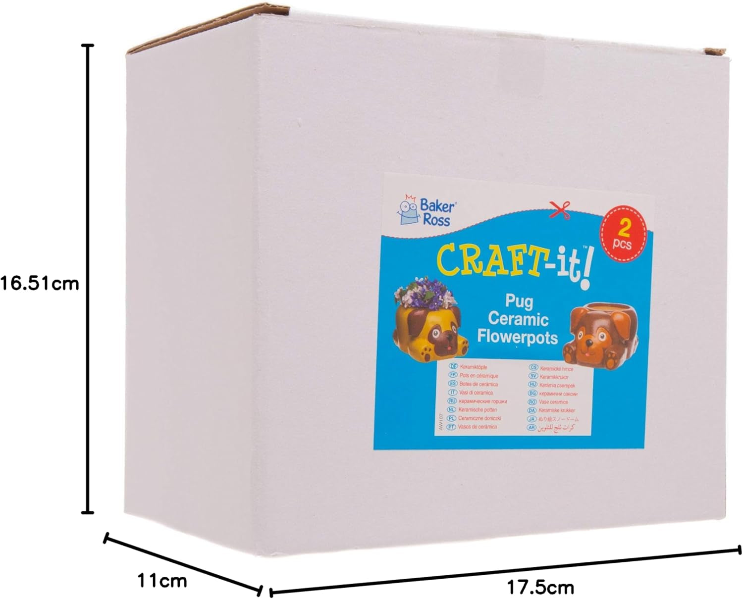 Ghivece ceramice Baker Ross „Pug” (2 bucăți) – pentru ca copiii să le picteze, să le decoreze și să le ofere cadou
