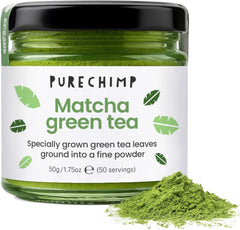 Pudră de matcha Purechimp de calitate ceremonială 50 g. Pudră de ceai 100% pură din culturi umbrite pentru latte, infuzii și rețete. Borcan reciclabil. Bogat în antioxidanți.