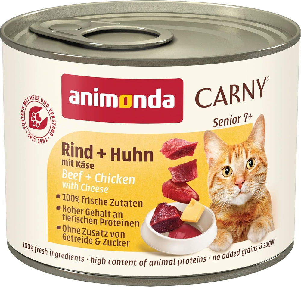 Animonda Carny Senior Hrană umedă pentru pisici cu vită + pui + brânză (6 x 200g), hrană umedă fără cereale și fără zahăr pentru pisici de 7 ani și peste, cu ingrediente proaspete și cărnoase