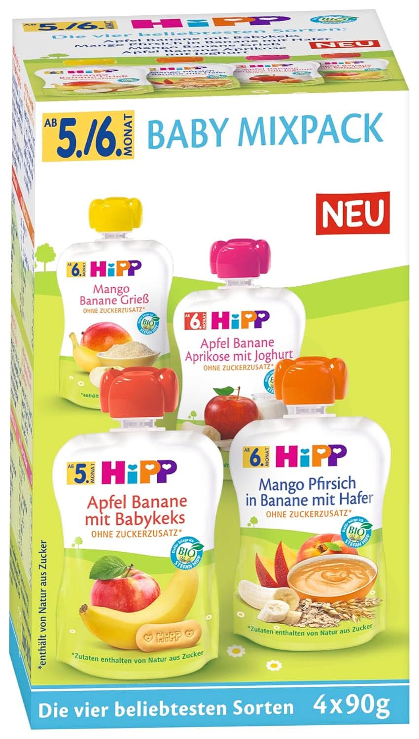 Hipp Frutas y Cereales Ecológicos en bolsita exprimible para bebés, 16 x 90 gramos Madre e Hijo Naty Shop