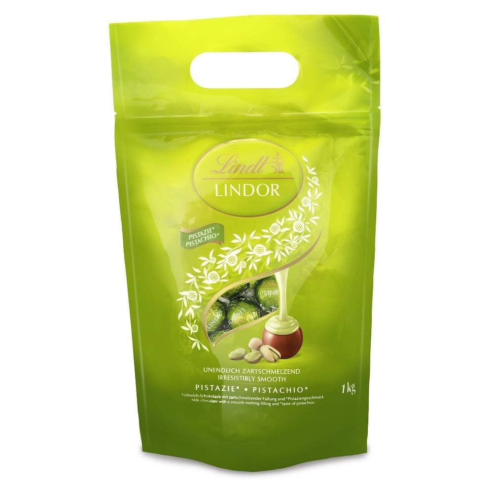 Lindt LINDOR Chocolate con Pistacho | Bolsa resellable de 1 kg | aprox. 80 bolas de chocolate con leche con relleno de crema de pistacho que se derrite en la boca | Paquete a granel, regalo de praliné