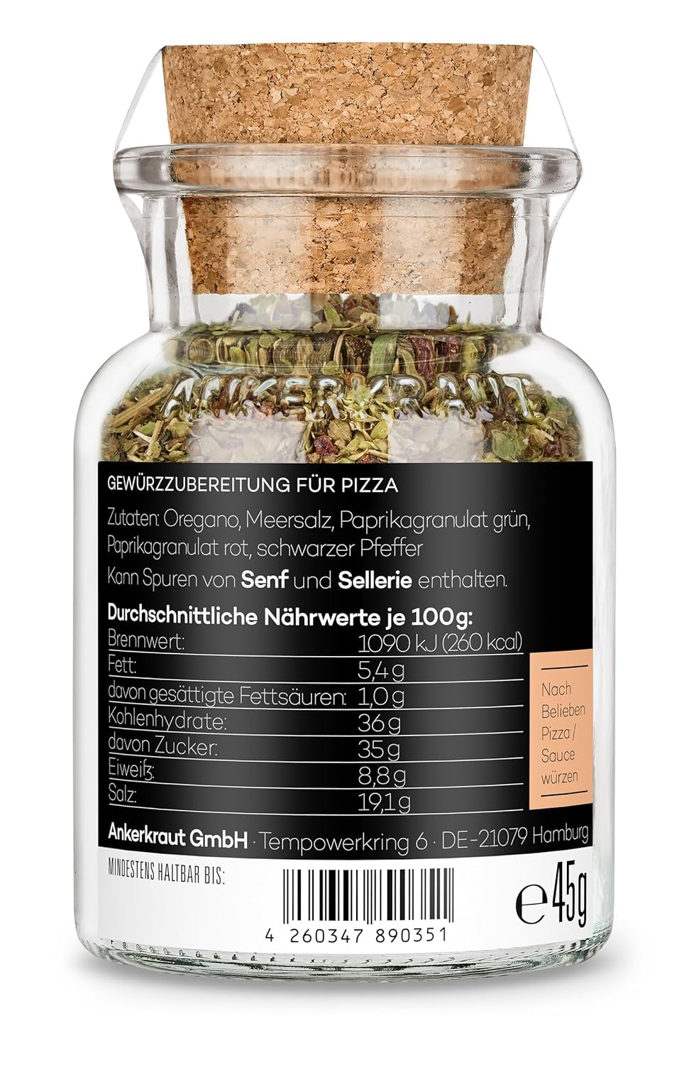 Pizza Ankerkraut, para el sabor italiano original, como la de Steinofen, también para pasta, tomate-mozzarella y muchos otros platos, 45 g en vaso de corcho