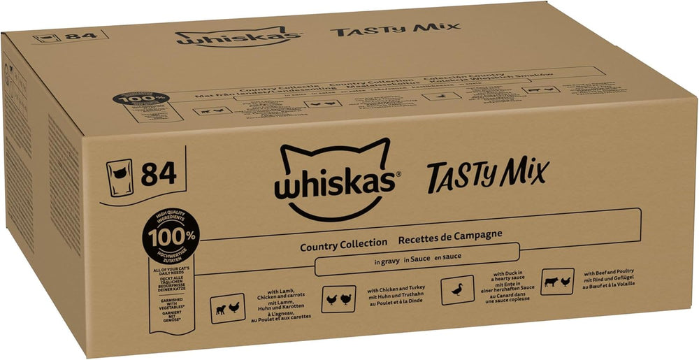 Hrană umedă Whiskas Adult 1+ Colecția Tasty Mix Country în sos, 84 pliculețe, 84 x 85g (1 pachet vrac) – Hrană umedă de înaltă calitate pentru pisici adulte